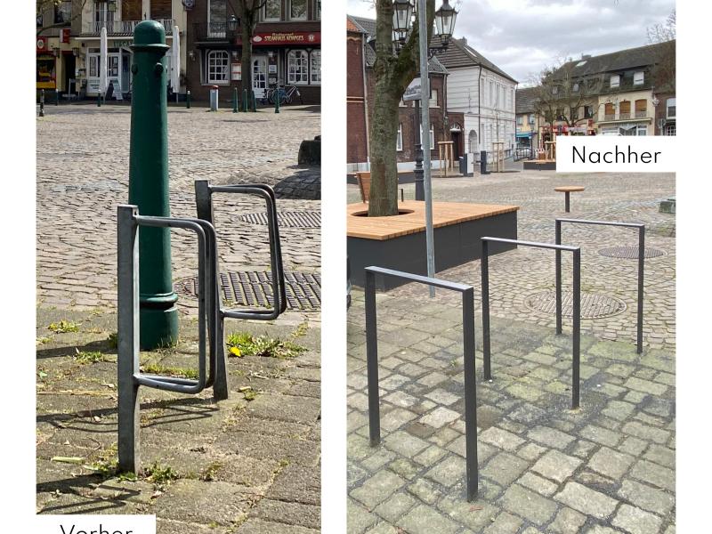 Vorher-Nachher-Bild der Fahrradständer auf dem Marktplatz Grefrath