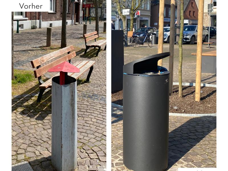 Vorher-Nachher-Bild der Mülleimer auf dem Marktplatz Grefrath. 