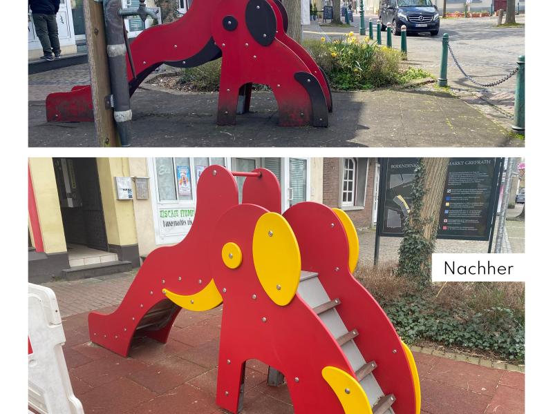 Vorher-Nachher-Bild der Elefantenrutsche am Marktplatz Grefrath. 