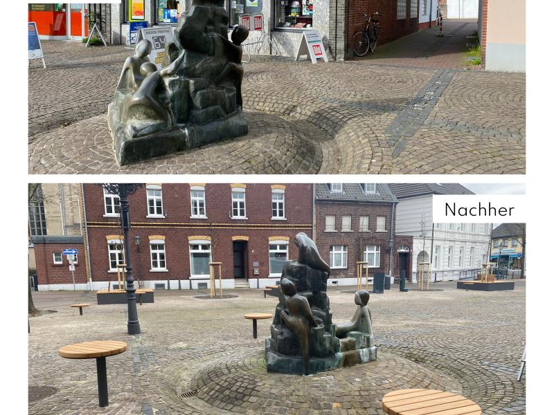 Vorher-Nachher-Bild des Brunnen auf dem Marktplatz Grefrath. 