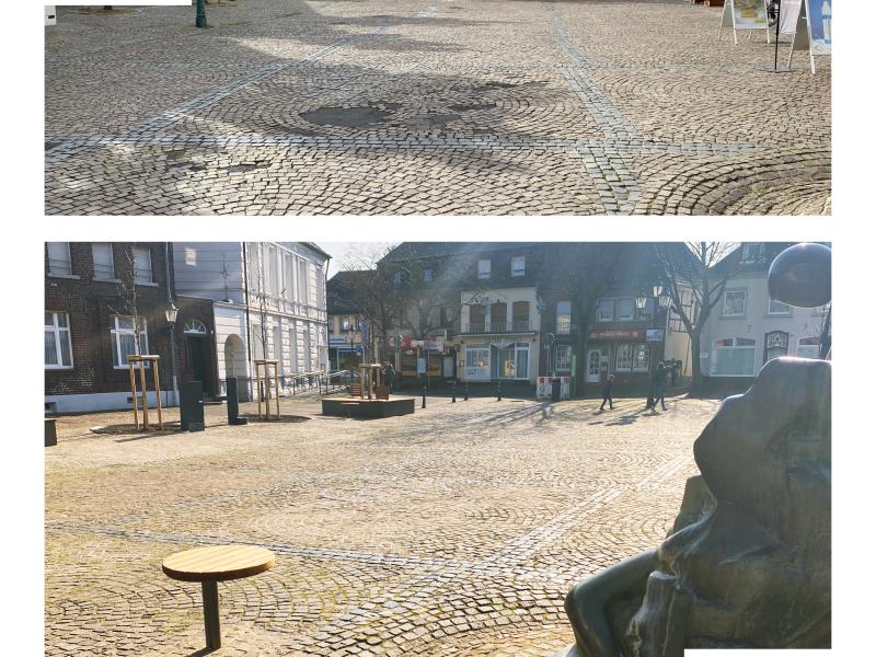 Vorher-Nachher-Bild des Pflasters auf dem Marktplatz Grefrath. 